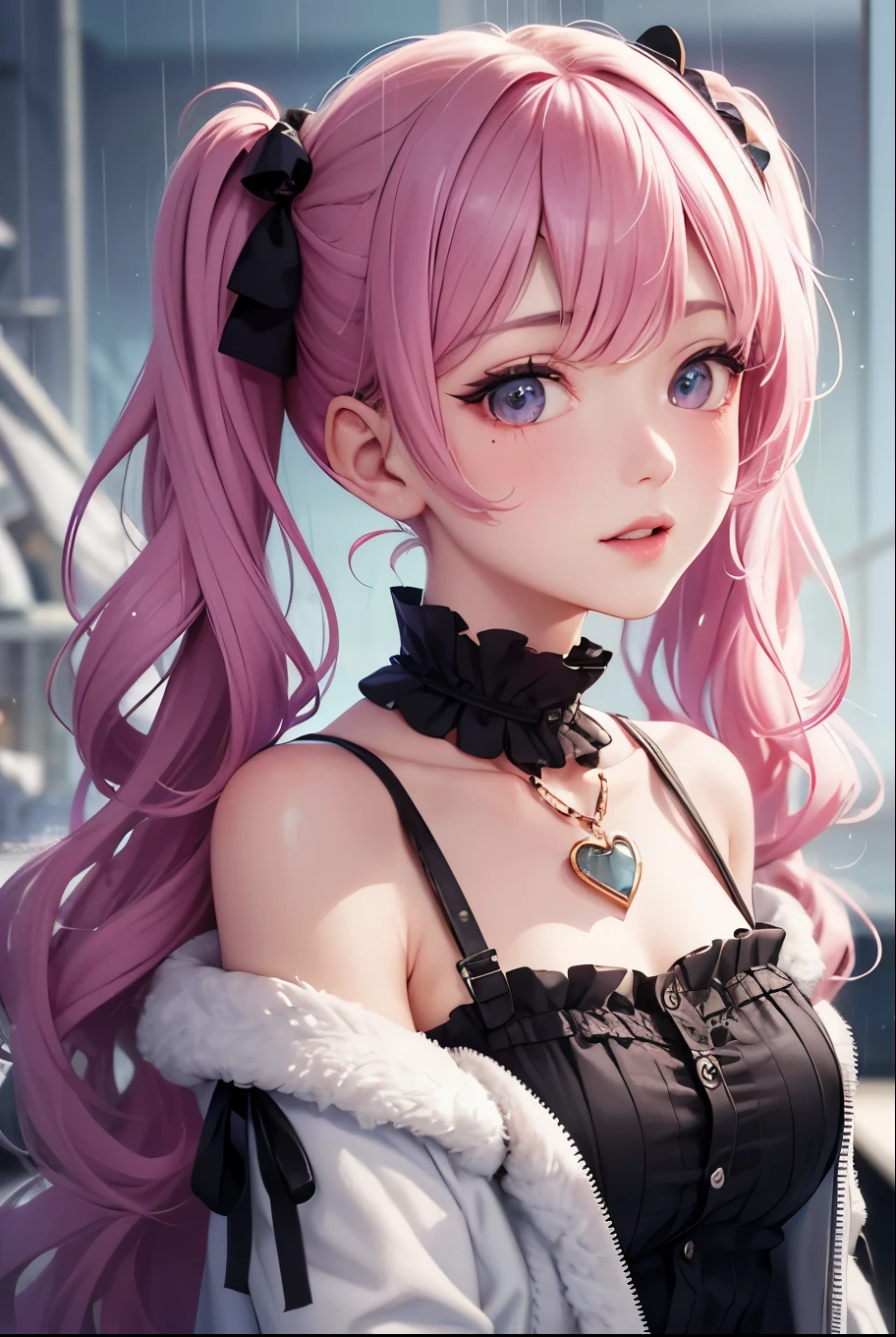 masterpiece, best quality, highly detailed, high resolution, expensive resolution, high resolution, 4k, 8k, uniform 8k wallpaper, highly detailed CG, masterpiece, 2d, 3d, beautiful details, depth, fine texture, best quality: 1.3, perfectly focused, sharp. skin, him, very cute anime girl, her name is Mei, short pigtails, idol, in the rain, expensive pink short pigtails, mole under eye, looking at the viewer, expensive, blush, mole, open lips, pink eyes, heart shaped choker, smiling face