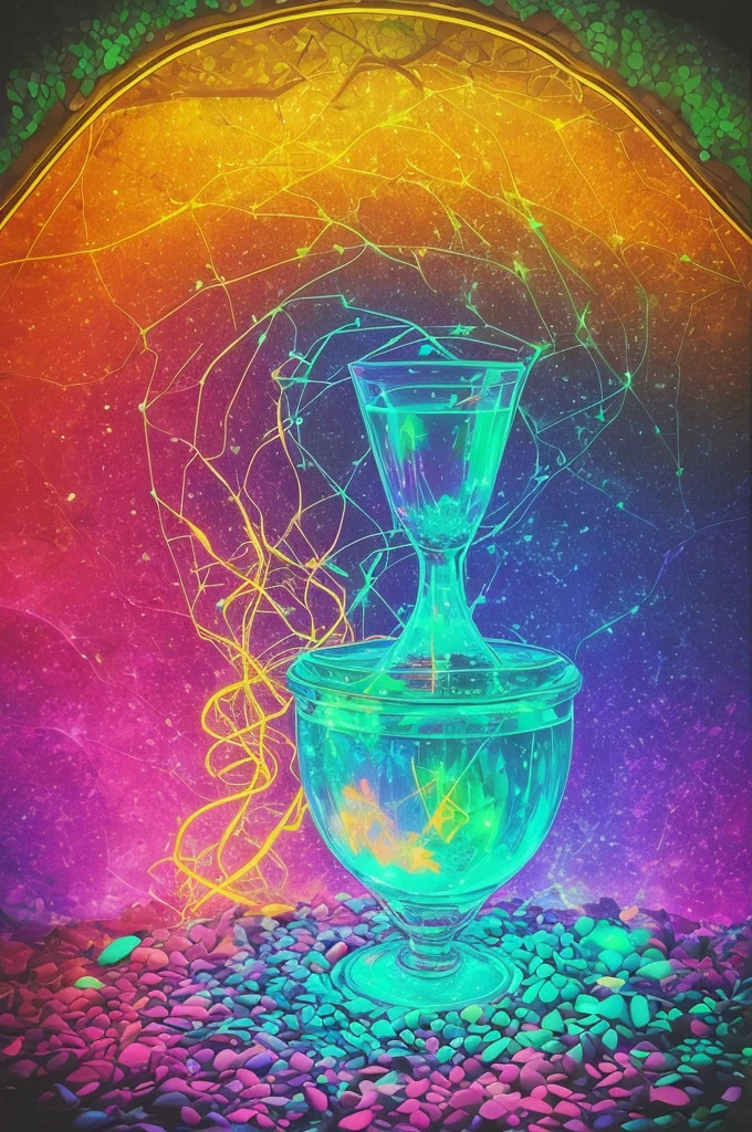 A magical chalice glowing with colorful, inviting lights, placed on a stone inside a mystical grotto, 70s psychedelic, neon synthwave