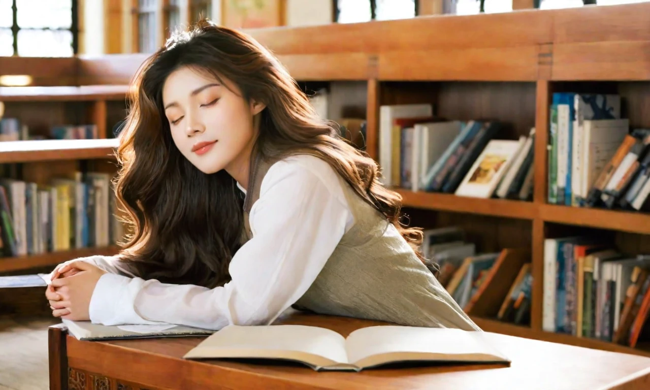 a beautiful asian girl, dozing, cozy library, seating, wooden desk, head resting, folded arms, atop an open book, long, brown, wavy hair cascades over shoulders, peaceful, relaxed face, serene expression, softly closed eyes, light, comfortable sleep. The library is warmly lit, soft, ambient lighting, tranquil, inviting atmosphere. Shelves filled with books line the background, nearby window, gentle stream, natural light. The desk is cluttered with various books, notebooks, and a pair of reading glasses. Her outfit is casual yet stylish, perfectly, masterpiece, best quality, 2K, realistic, high contrast