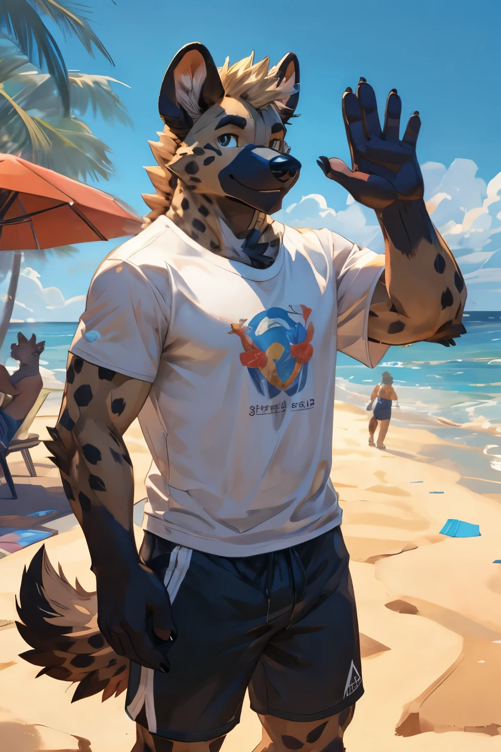 solo, male, hyena, tshirt, shorts, waving to viewer