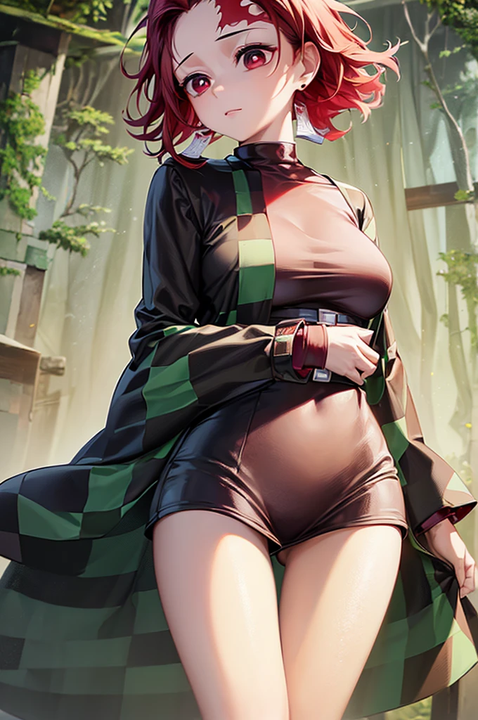 (masterpiece), best quality, expressive eyes, perfect face, highres, (female1.5), 1 girl, solo,(Tanjiro), (OriginalOutfit), (Scar,Scar on forehead, Checkered Clothes, 1Girl, Red Hair), (long red hair),(black and green plaid coat),(black pants), forest background, standing, upper body portrait, looking at the viewer,