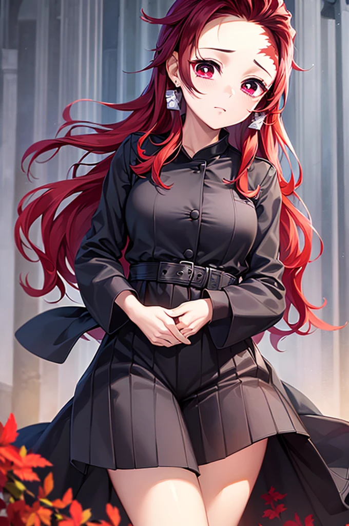 (masterpiece), best quality, expressive eyes, perfect face, highres, (female1.5), 1 girl, solo,(Tanjiro), (OriginalOutfit), (Scar,Scar on forehead, Checkered Clothes, 1Girl, Red Hair), (long red hair),(black and green plaid coat),(black pants), forest background, standing, upper body portrait, looking at the viewer,