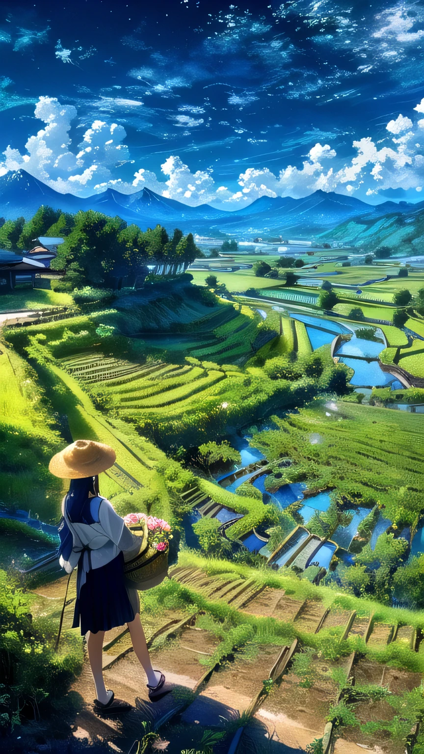 Arav woman holding a flower basket looking at the valley, countryside in japan, Korean Village, Japanese Village, Japanese Village Travel, There is a paddy in Malaysia, paddy, rural japan, Idyllic and fertile land, Valle encantador, paddy and river, scenery is beautiful, Japanese farmers, beautiful place, very scenery is beautiful