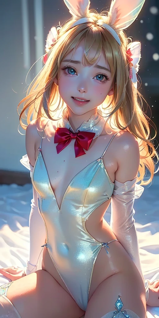 masterpiece, best quality, extremely detailed CG unity 8k wallpaper,((Upper Body)) ,((Upper Body head close-up shot of a beautiful loli little girl)), , Elegant Long straight blonde hair, (Mckenna Grace), ((flat ?????,thighs,Autoluminescence skin)),Transparent (red-green) golden (Glittering tutu,long Bunny Ear Headgear, , Bow-tie, No panties, ???????? visible), ((???????????)),(), (Blush), , (seductive smile), (A world of ice and snow), pretty face, key art, award winning, intricate detail realism hdr, by (ruan jia and artgerm and range murata), Photorealism, Hyperrealism, ultra realistic, dramatic light, intense shadows, gorgeous view, depth of field