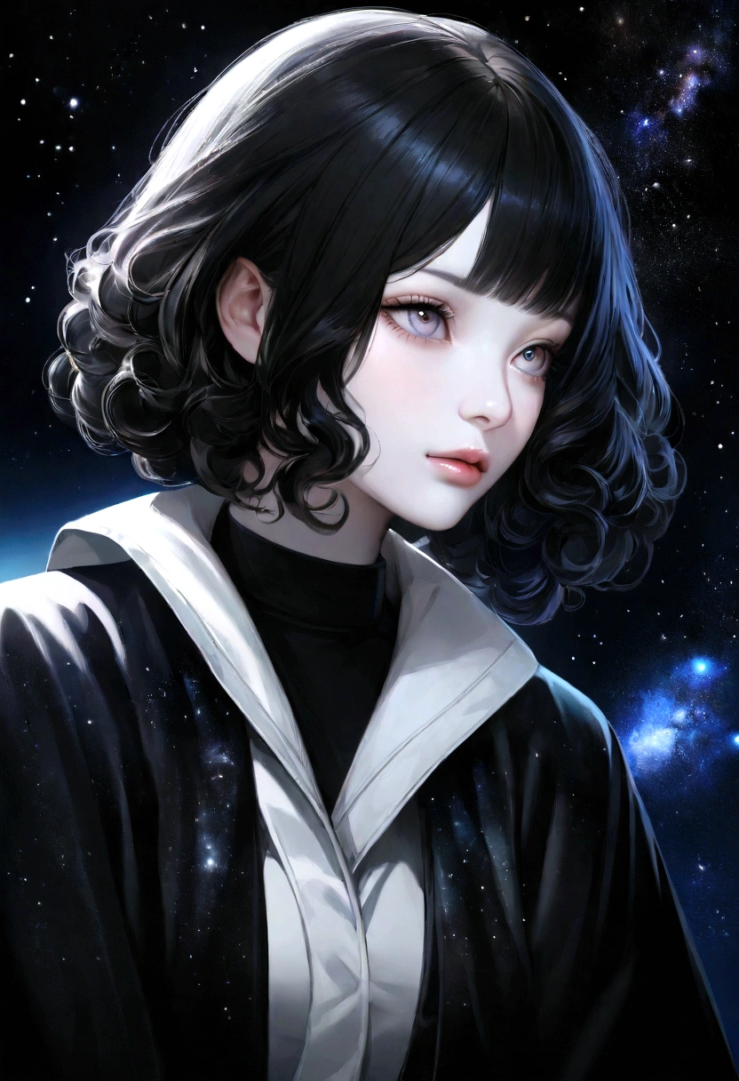 Create a captivating digital portrait of a woman, beautiful girl with black Asian hair, medium bob haircut, curly hair, pale skin, very realistic. high detailed eyes, high quality picture. space, galaxy, universe. she should be wearing an official wear and decent