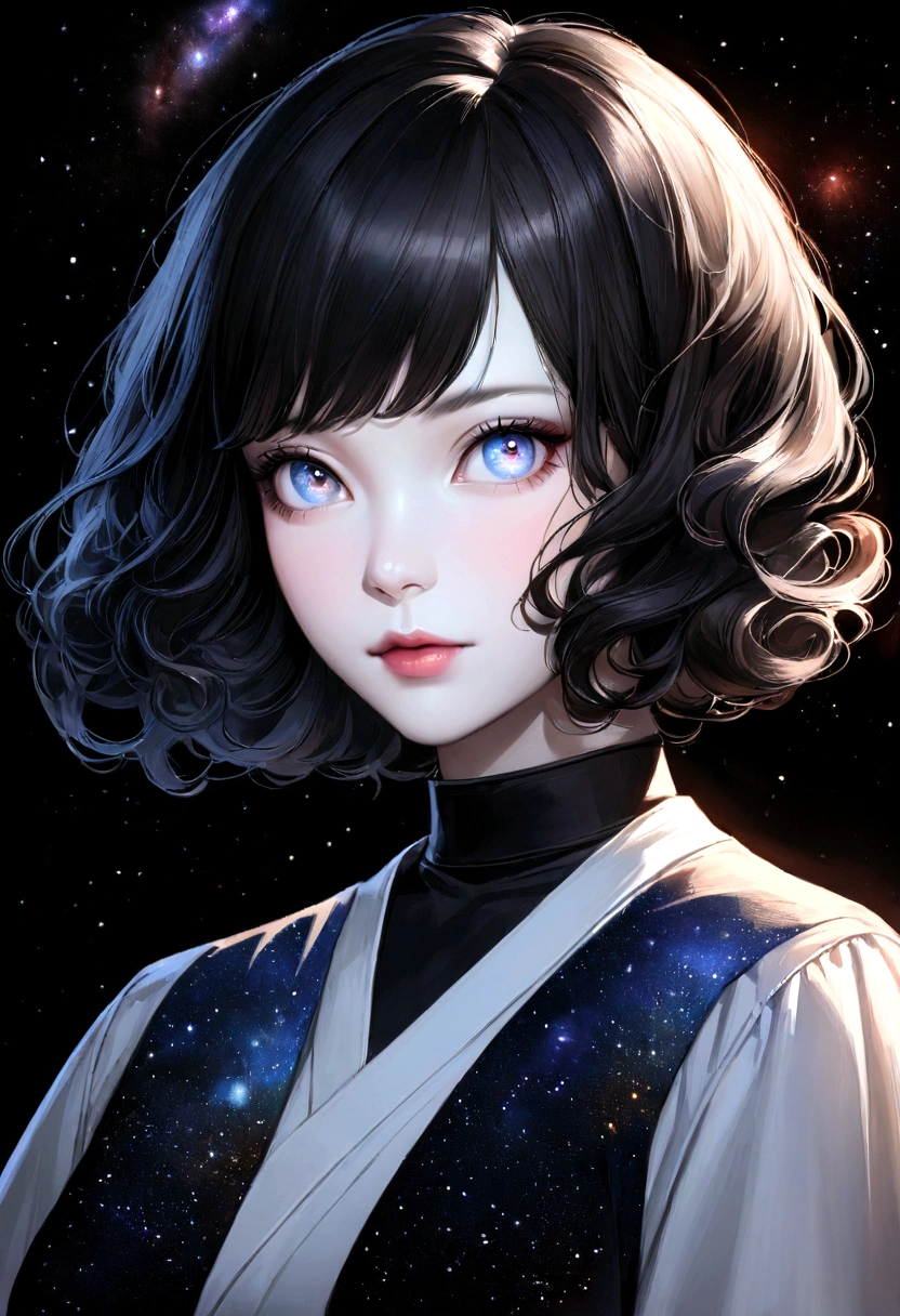 Create a captivating digital portrait of a woman, beautiful girl with black Asian hair, medium bob haircut, curly hair, pale skin, very realistic. high detailed eyes, high quality picture. space, galaxy, universe. she should be wearing an official wear and decent