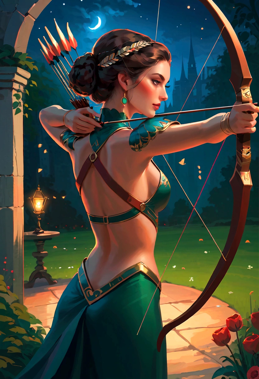 best quality, High target_solve, clearly_image, Detailed background ,1 archer woman back view, garden, night,Hook of Holland, Wide-angle lens, crown,