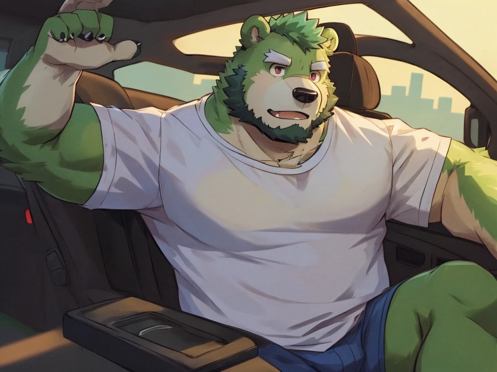 bara, furry, furry_male,male focus, solo, muscular male, (((green bear))), (((green fur))), green hair, red eyes, beard, white eyebrows, white shirt, casual clothes, driving a car,