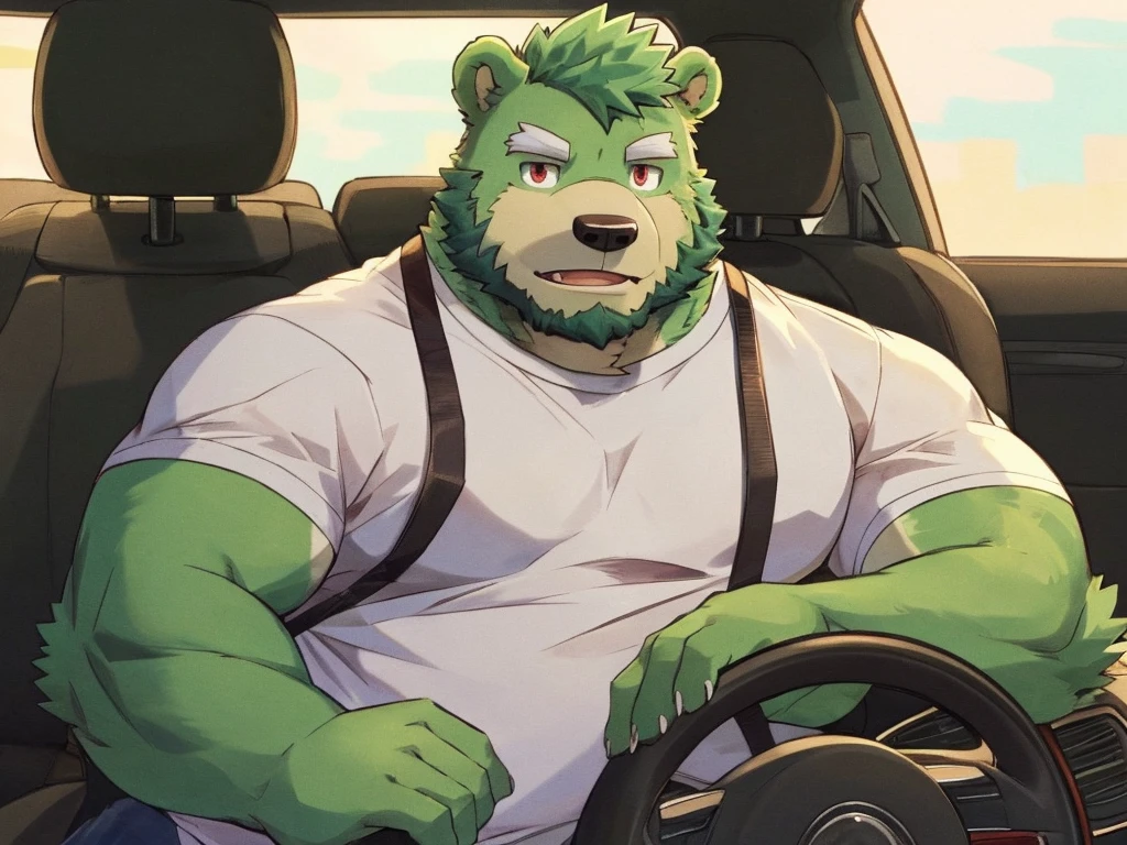 bara, furry, furry_male,male focus, solo, muscular male, (((green bear))), (((green fur))), green hair, red eyes, beard, white eyebrows, white shirt, casual clothes, driving a car,