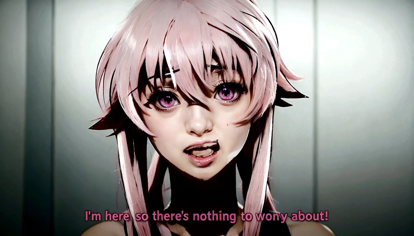 anime girl with pink hair and pink eyes with a quote on it, mirai nikki, in an anime, she has a cute expressive face, still from tv anime, as an anime character, gasai yuno, gasai yuno, in the anime film, ssss.gridman, today's featured anime still, she has a distant expression, gasai yuno