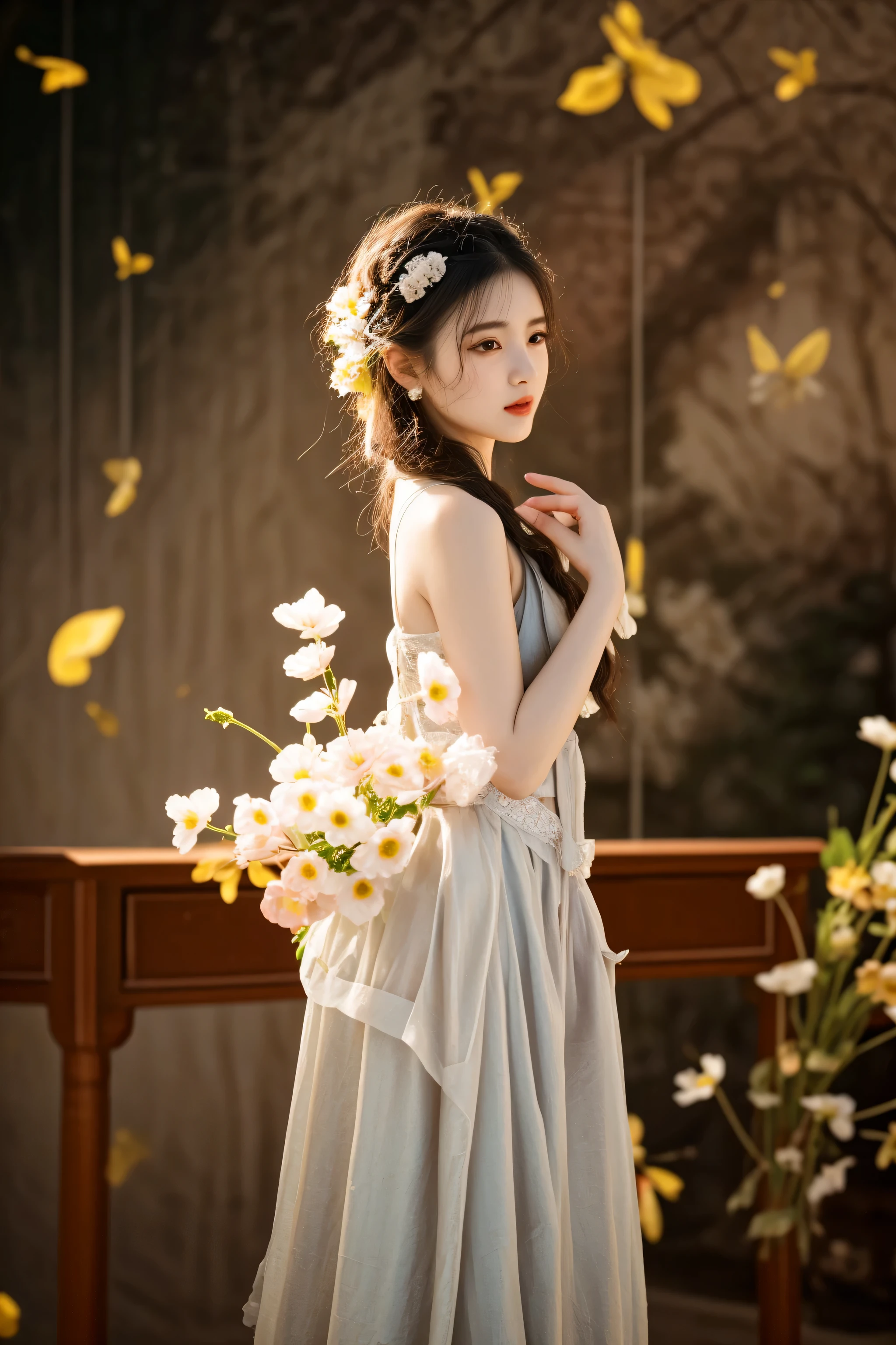 arafed woman in a dress holding a bouquet of flowers, palace , a girl in hanfu, hanfu, white hanfu, a stunning young ethereal figure, cheongsam, photo taken with nikon d750, photo taken with nikon d 7 5 0, wearing ancient chinese clothes, traditional chinese clothing, sha xi, with acient chinese clothes