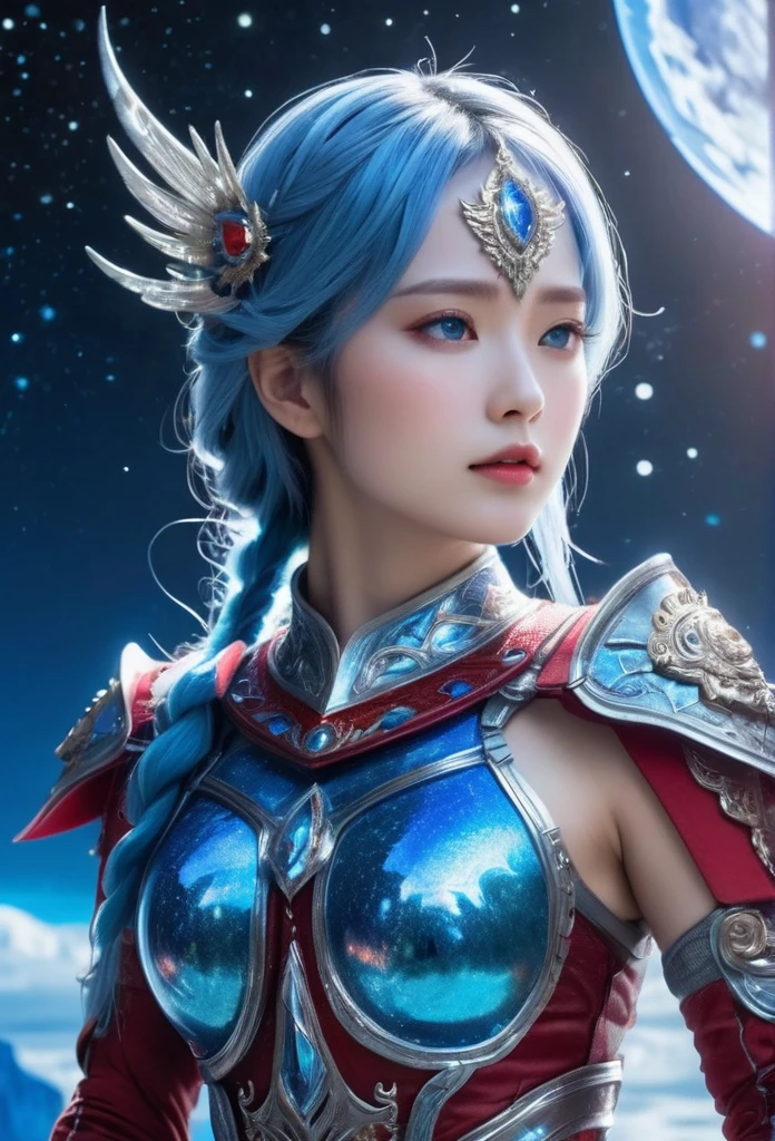 a princess with iridescent and vibrant red and blue mythical armor, celestial armor, icy blue eye, cosmos glowing hair, ancient temple background, milky way sky, showing body, 