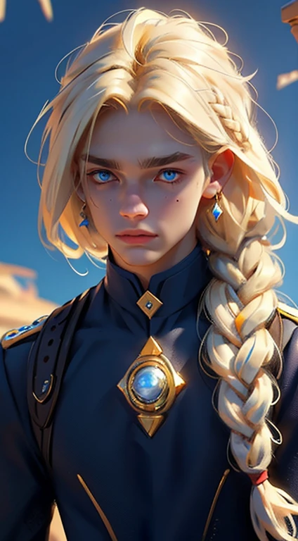 18 year old male, Yolk blonde hair with a braid, petroleum blue eyes, mole on the corner of the nose, wears magic academy uniform, High definition image, better quality of work, pixel richness
