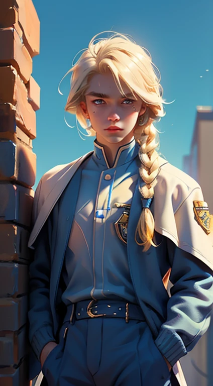 18 year old male, Yolk blonde hair with a braid, petroleum blue eyes, mole on the corner of the nose, wears magic academy uniform, High definition image, better quality of work, pixel richness
