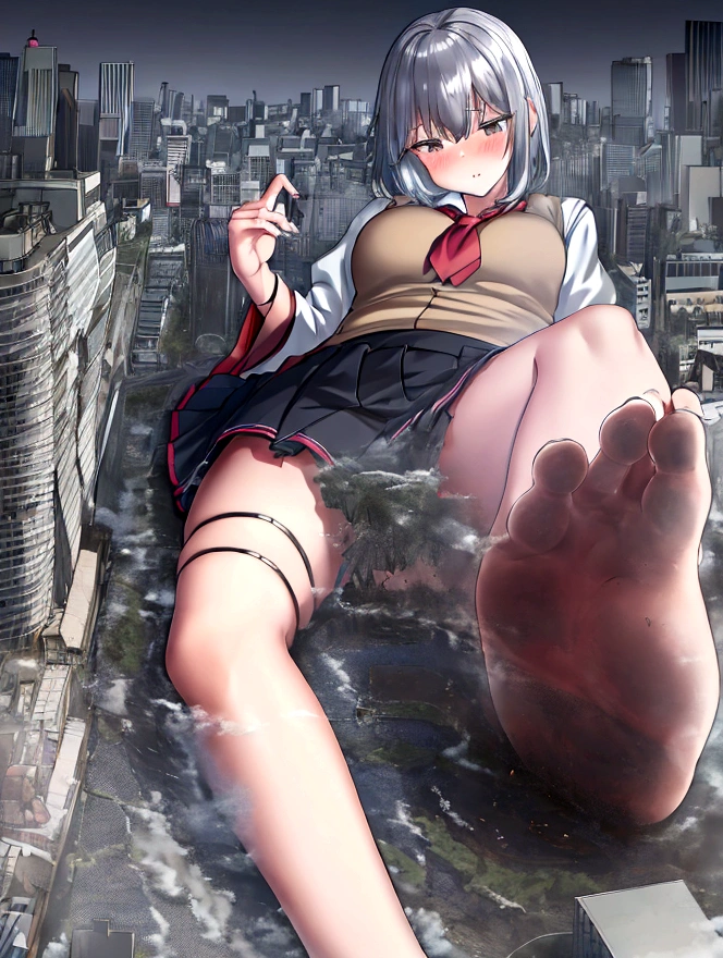 Giantessによって破壊される街、The city is in panic、Giantess girl、Destroyed urban area、Low - Angle、walk、Highest quality、perfection、Beautiful woman、young、、Bob Hair、Grey vest、White short sleeve shirt、Black Skirt、summer、blush、Troubled face、in trouble、Sunset、Beautiful scenery、Famous actresodel、Japanese、Sexy posing、giantess、Giantess、Destroyed urban area、explosion、fire、walk、Dark Imagery、A hopeless view、Realistic Cities、Realistic buildings