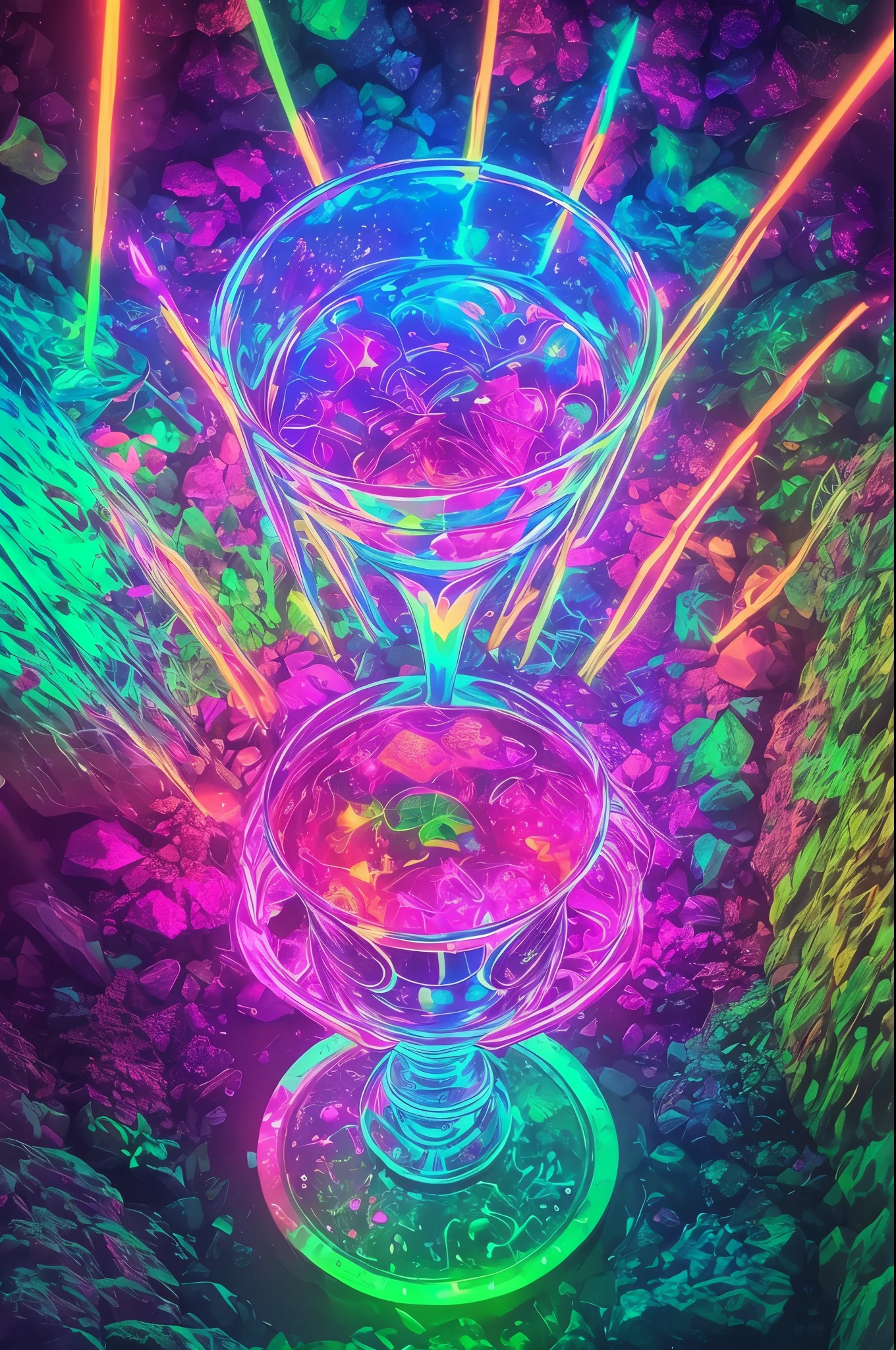 A magical chalice glowing with colorful, inviting lights, placed on a stone inside a mystical grotto, 70s psychedelic, neon synthwave