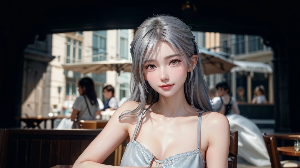 girl, beautiful face, side view, high detailed real eye, beautiful pupil, double eyelid, silver color hair, high detailed real skin, high quality skin, beautiful skin, masterpiece, have a cup of coffee.
she is having coffee at a cafe.Stylish beach cafe smile