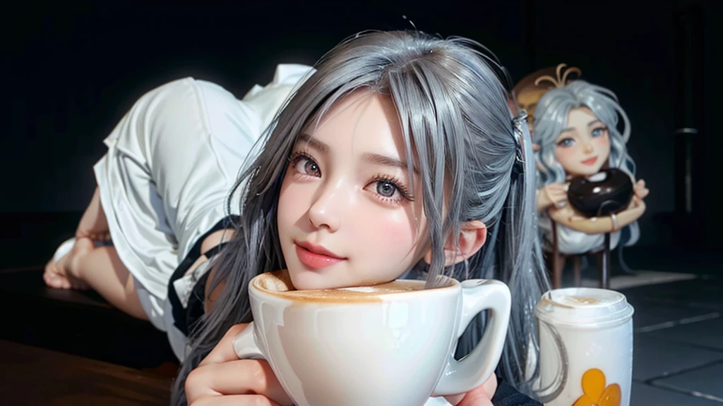 girl, beautiful face, side view, high detailed real eye, beautiful pupil, double eyelid, silver color hair, high detailed real skin, high quality skin, beautiful skin, masterpiece,  have a cup of coffee. 
she is  having coffee at a cafe.Stylish beach cafe　smile