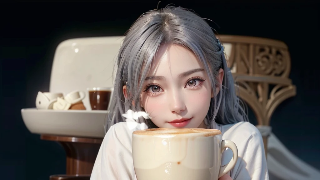 girl, beautiful face, side view, high detailed real eye, beautiful pupil, double eyelid, silver color hair, high detailed real skin, high quality skin, beautiful skin, masterpiece,  have a cup of coffee. 
she is  having coffee at a cafe.Stylish beach cafe　smile