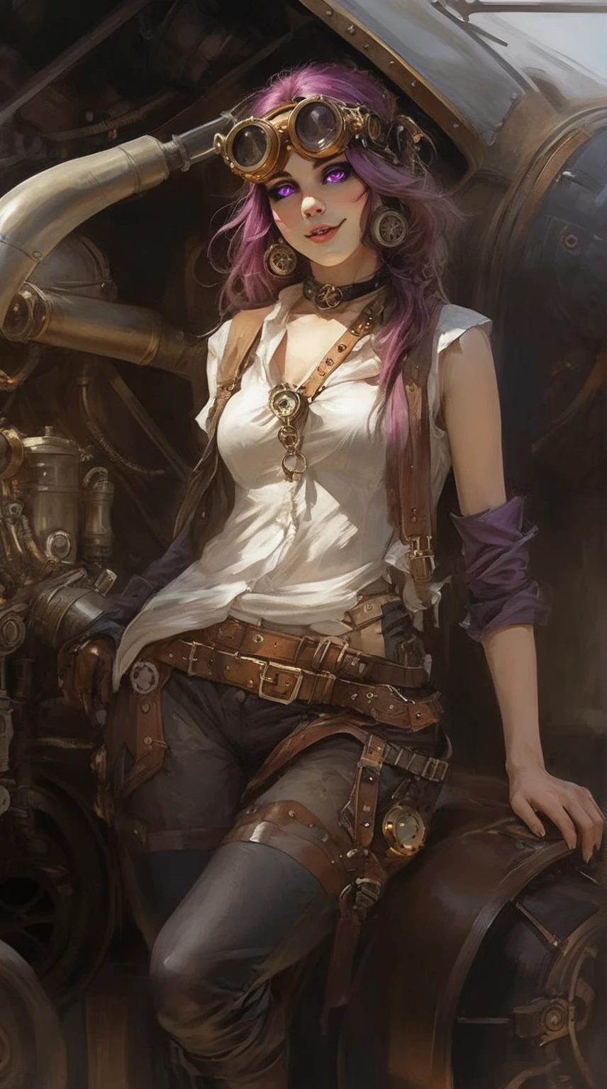1 women, furry, Antro, fox, antropomorfic , pink eyes, blep, coffeesoda art style, e621, Fantazy adventurer, purple fox femboy, black boddy, purple hair, long hair, purple fur, bunny ears,purple clothing ,furry, l ( ( character concept art ) ), official character art, in steam punk gear sitting on a large metal object, style of raymond swanland, steampunk beautiful anime woman, steampunk fantasy style, steampunk concept art, stunning character art, digital steampunk art, beautiful character painting, high quality steampunk art, by Yang J, steampunk girl, sci-fi steampunk, steampunk art, art of wlop and greg rutkowski