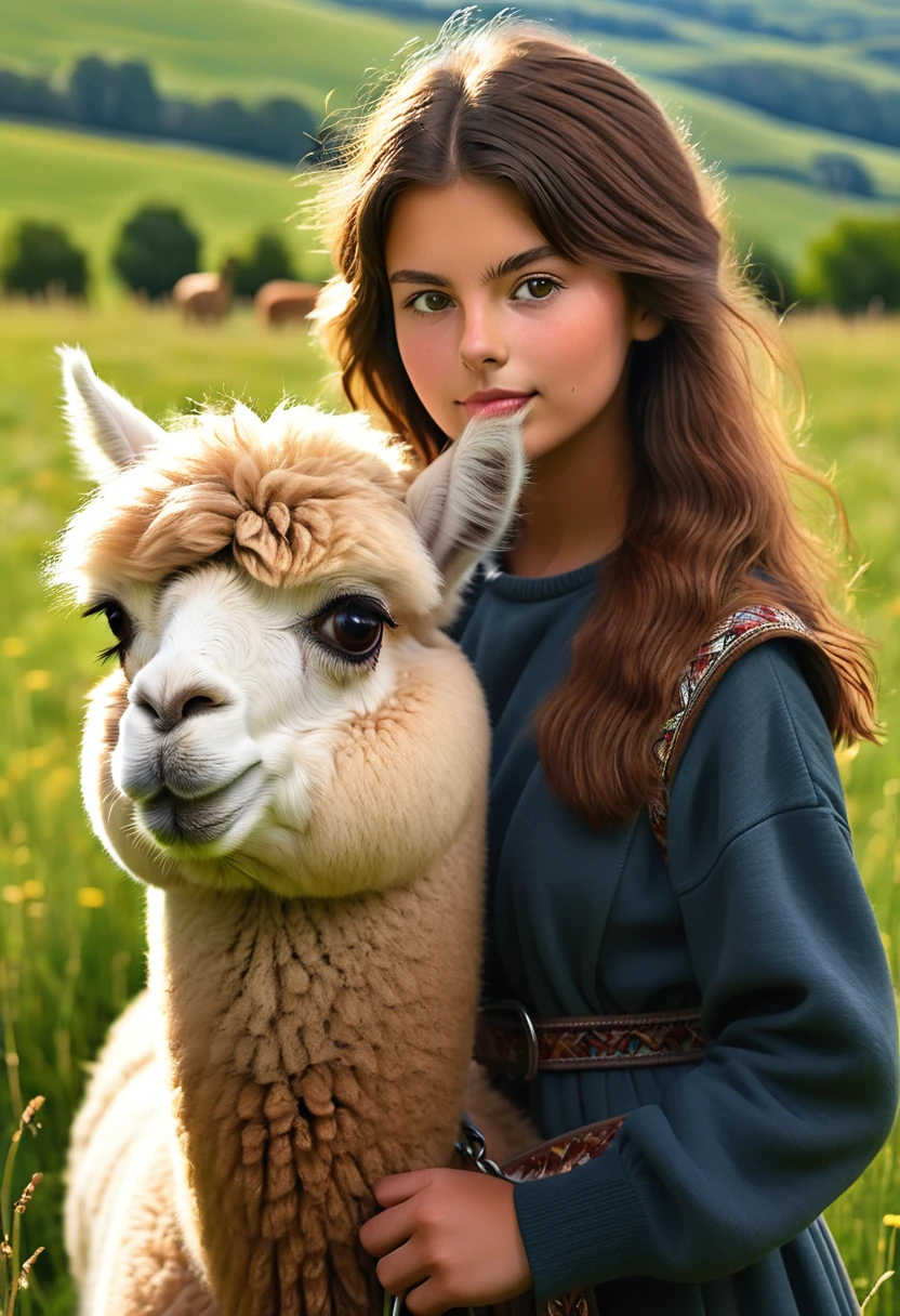 a 14-year-old french girl, shoulder-length hair, holding a magnificent brown adult alpaca, alpaca just shorn, on a leash, landscape of a meadow in northern france, beautiful detailed eyes, beautiful detailed lips, extremely detailed eyes and face, long eyelashes, photorealistic, 8k, hdr, ultra-detailed, hyperrealistic, vibrant colors, natural lighting, pastoral landscape, serene atmosphere, french countryside, fluffy alpaca, soft fur texture, alpaca standing calmly, girl's gentle expression, natural pose