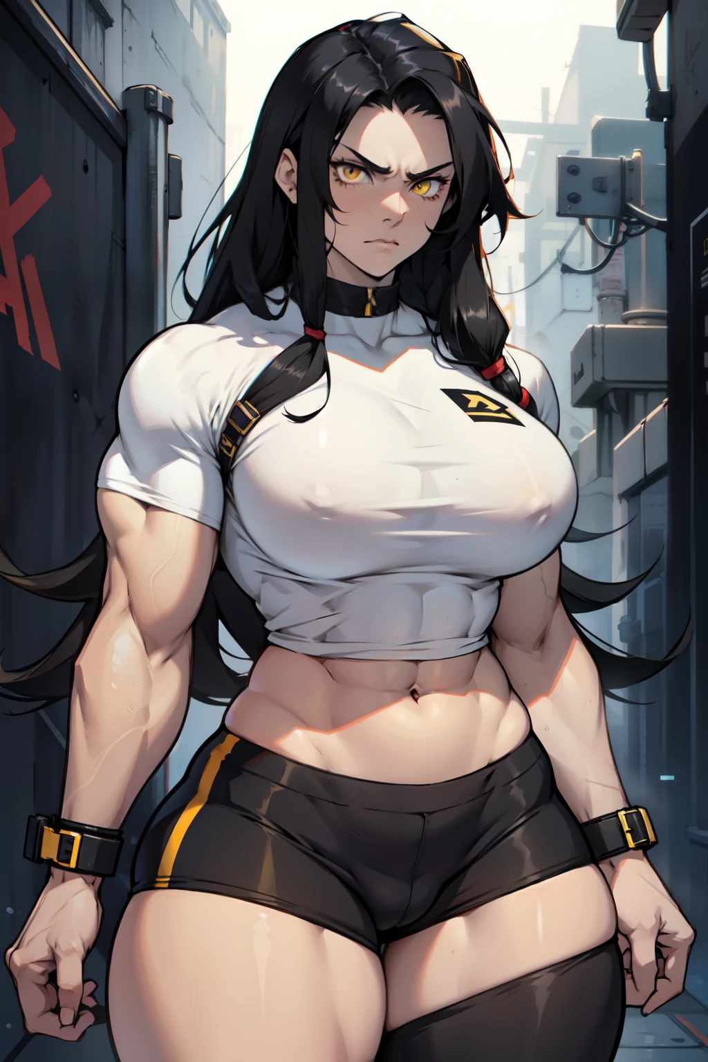 pale skin very long hair 1 girl black hair yellow eyes angry ((1 girl muscular toned body)) bodybuilder curvy wide hips thick thighs tight shirt huge