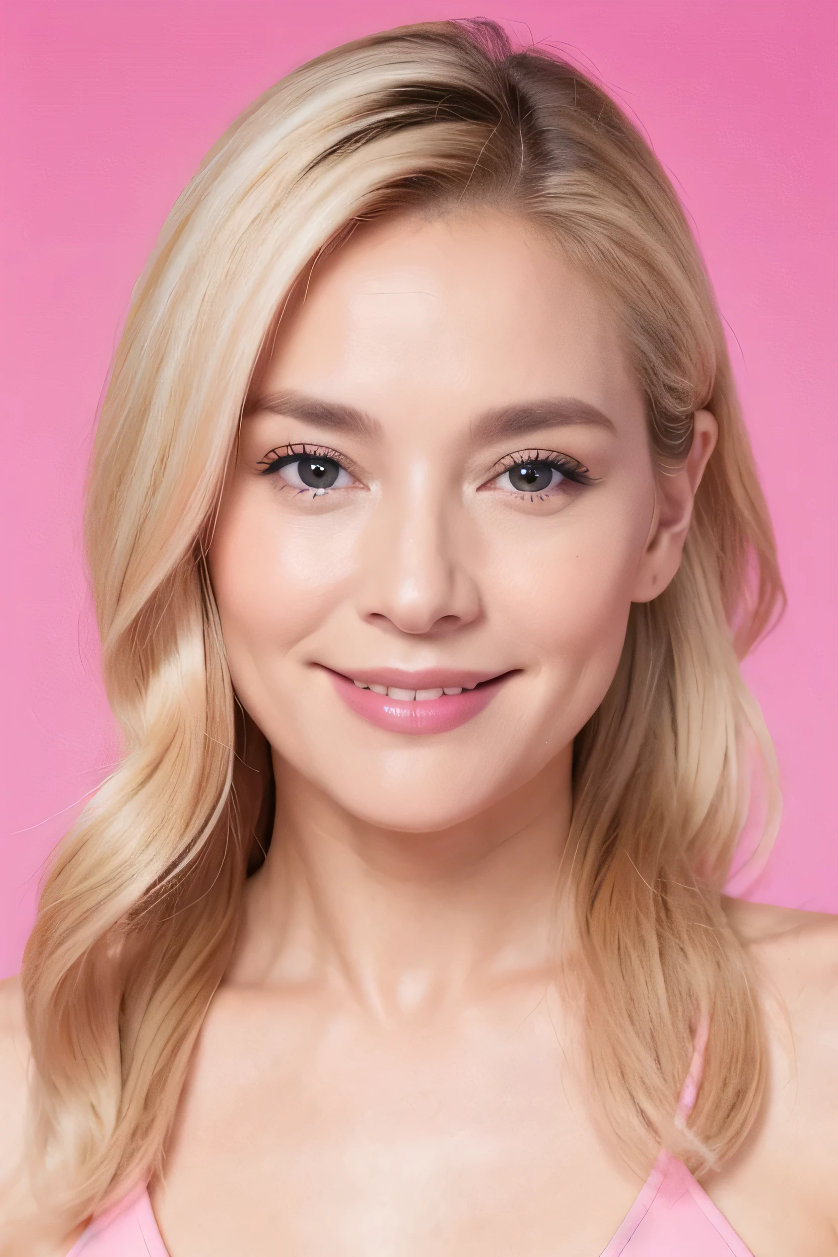 face perfect, beautiful face of a blonde woman 40 years old, with pink background,with beautiful smile 