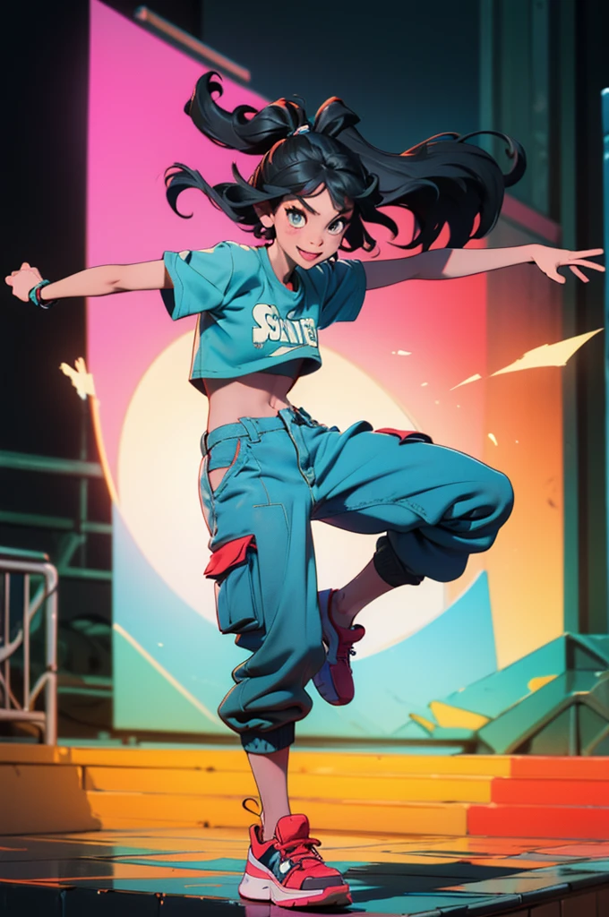Poster, pop art style, simple colors, dancing, jumping art, break dancing, intense movement. vitality Wet dance stage, solo, hair fluttering, cute girl, smiling brightly, mouth half open (black hair, short wavy hair), (cropped cargo pants, white t-shirt, platform sneakers), (detailed fingers Delicate, fine body, fine arms, human hands, (beautiful detailed face), dynamic posture, whistle