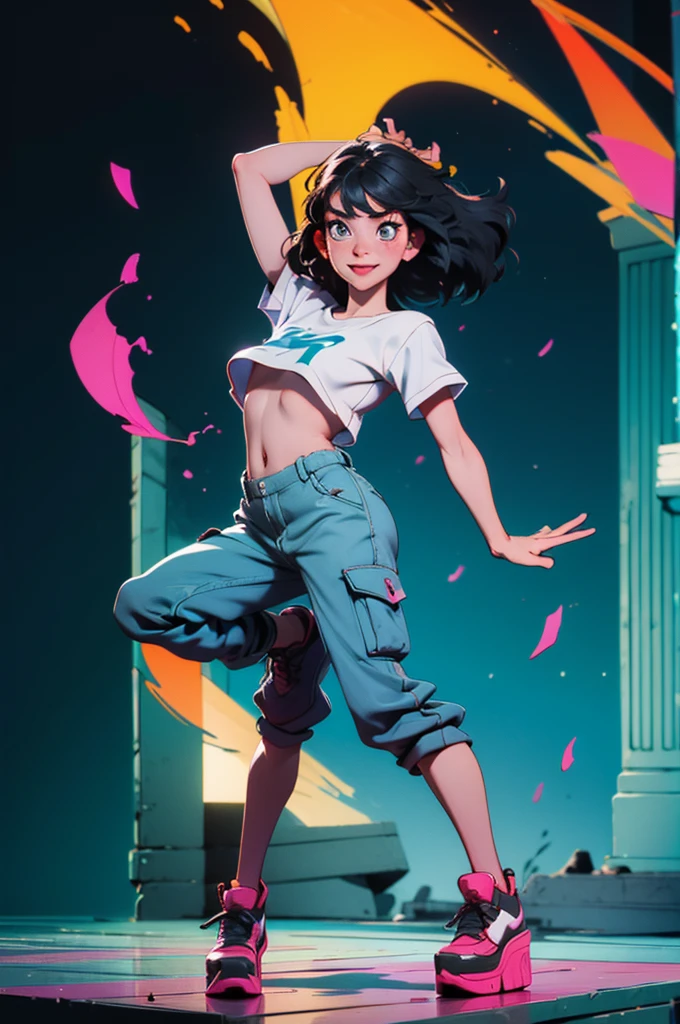 Poster, pop art style, simple colors, dancing, jumping art, break dancing, intense movement. vitality Wet dance stage, solo, hair fluttering, cute 16 year old girl, smiling brightly, mouth half open (black hair, short wavy hair), (cropped cargo pants, white t-shirt, platform sneakers), (detailed fingers Delicate, fine body, fine arms, human hands, (beautiful detailed face), dynamic posture, whistle