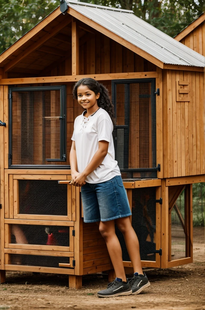 Girl in a chicken coop with a man