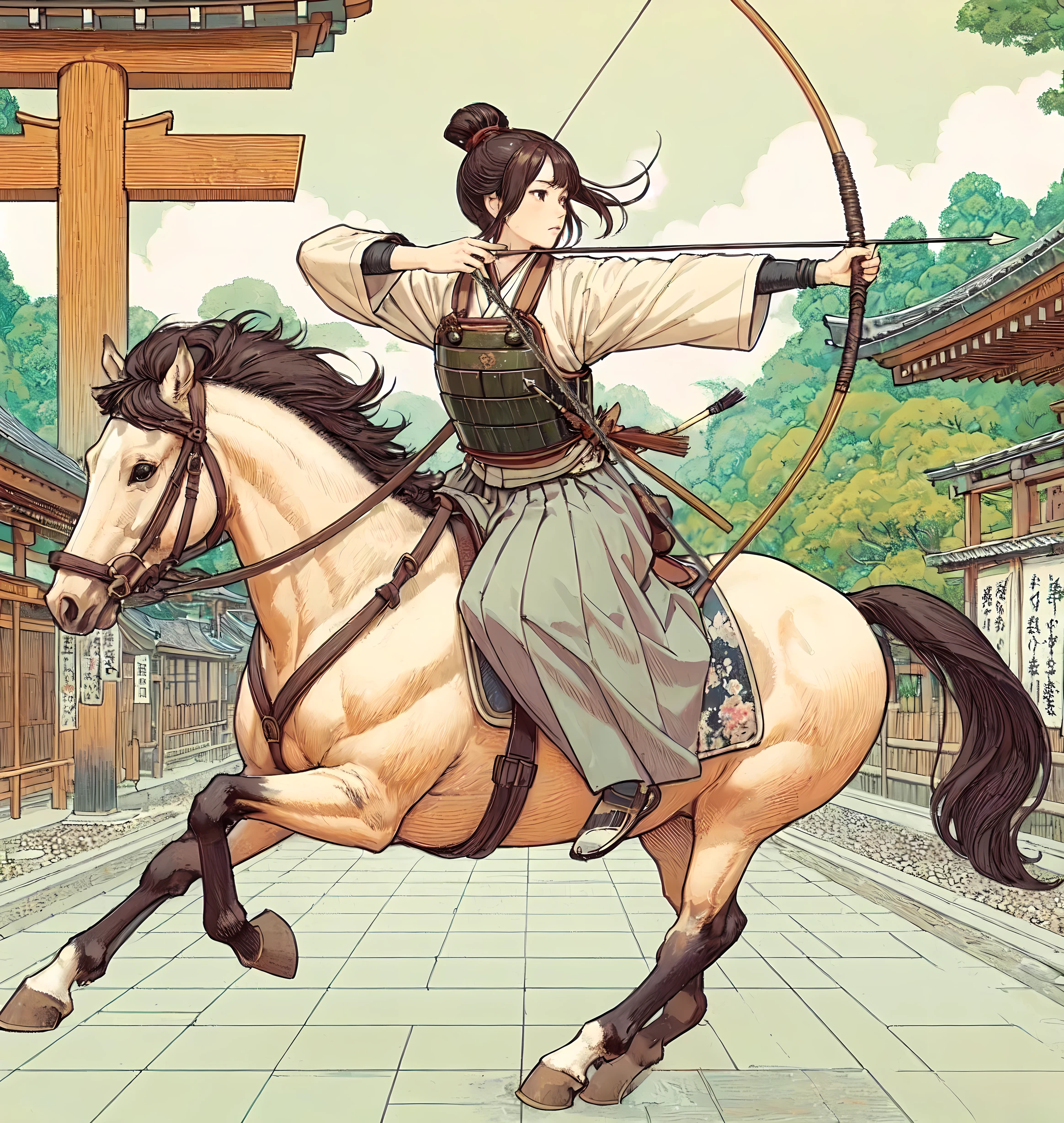 1lady solo, straddling horse, (pulling bowstring to its limits) (holding simple black bow), (white kimono) (gray hakama), chest protector, (mature female:0.8), /(brown hair/) bangs, (light smile:0.4), dignified, facing away, (masterpiece best quality:1.2) delicate illustration ultra-detailed, medium breasts BREAK (galloping horse), (realistic horse) BREAK (sacred shrine) outdoors, pathway, Japan, noon, detailed background