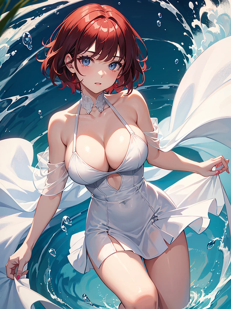 Caucasian female, short hair with bangs, your hair is red, Your eyes are blue, is wearing a short white dress, with cleavage on the breast, the dress is half transparent , You are drinking water and your clothes get wet