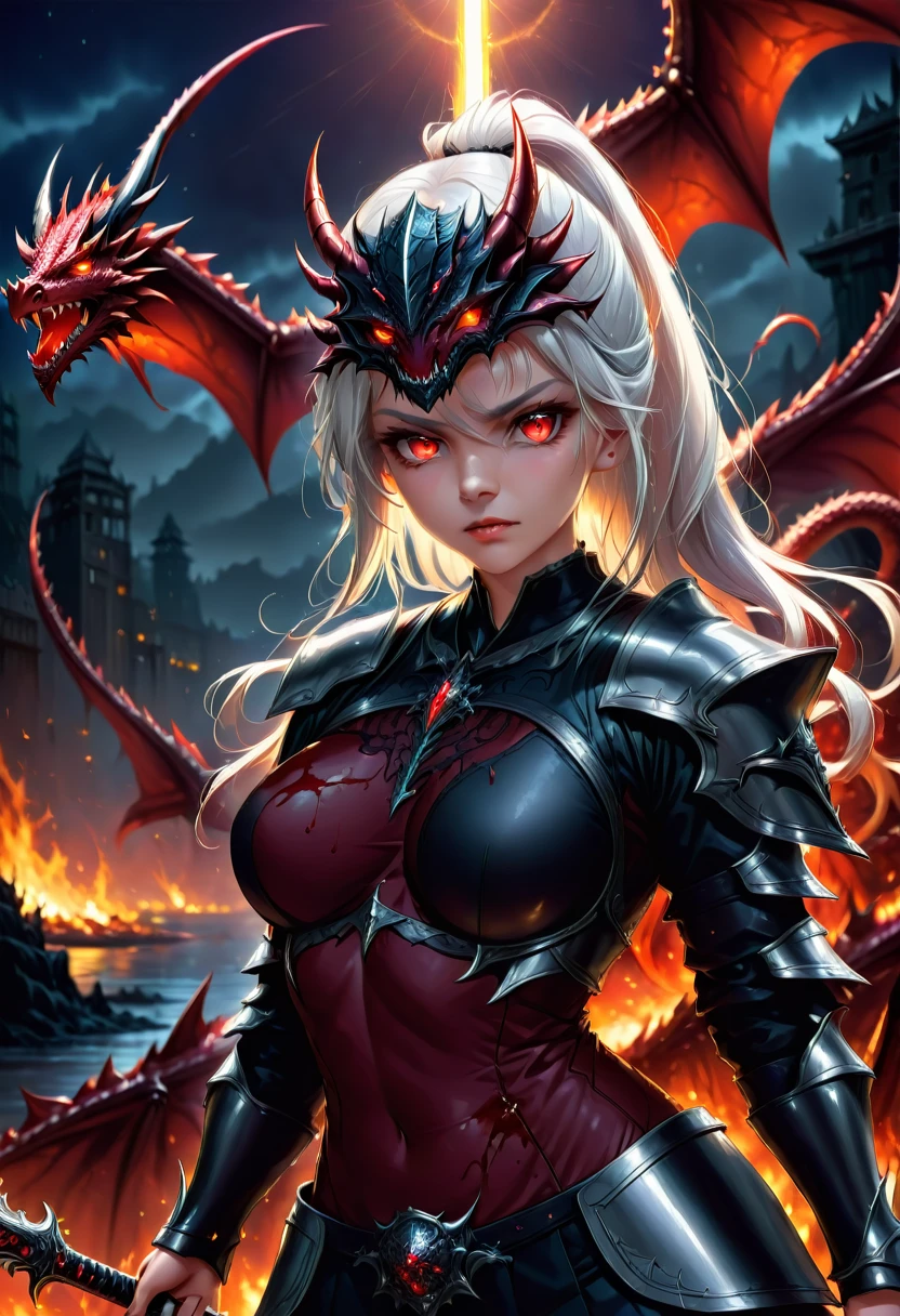 8k resolution, depth of field, photorealistic, lens flare, ((best quality)), (((intricate details))), highly detailed, (((cinematic effect))), looking at viewer,1girl,breasts,long hair, ((white hair with black highlights)), ponytail, glowing red eyes, serious and severe face, demonic armor, helmet in the shape of a blood red dragon head,holding, holding weapon, sword, holding sword, the blade and blood red color, night, (underworld,hells), well of cursed souls, the river styx, one of the 4 rivers of hell in the background