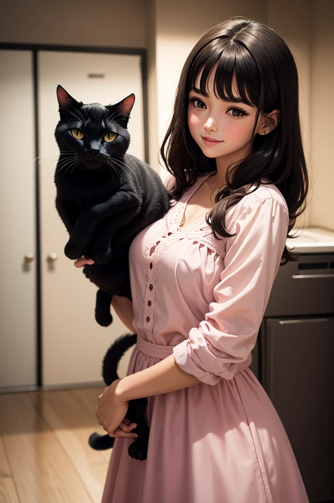  with dark hair and dark eyes in a pink dress, holding a black cat in his hands, who is trying to get out. the cat screams, and the girl laughs.