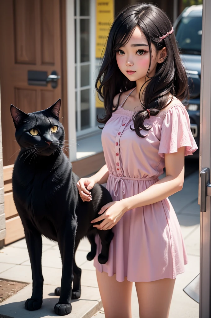  with dark hair and dark eyes in a pink dress, holding a black cat in his hands, who is trying to get out. the cat screams, and the girl laughs.