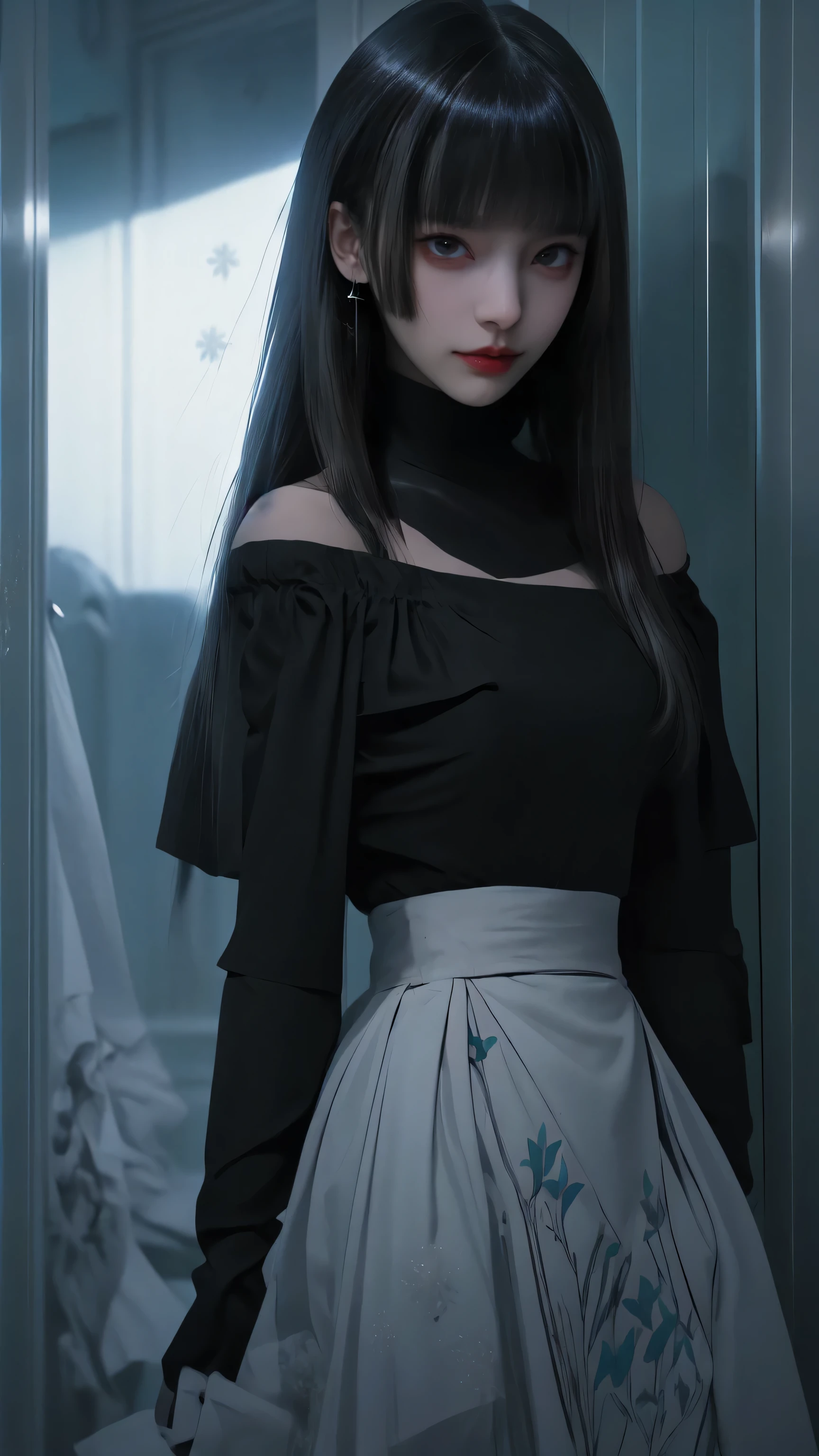 fluorescent color, 1 girl, look at side, beautiful face, Beautiful eyes, (Off The Shoulder: 1.2), upperbody, shinny hair, shining skin, Reduction of glare emissions, The proportions of the fingers are coordinated, tenebrosa, ass pov, Dynamic angle, (((master part))), (((best qualityer))), ((ultra detali)), (illustration), (detailed light), ((an extremely delicate and beautiful)), Dramatic_ombre, lightning strike_tracing, reflection, super high resolution, a woman walking in a dark place around sparkling snowflakes and small dots of light surrounding, your black hair blowing in the wind, Bright green eyes looking at red tulips with sparkling butterflies around them, Woman with black hair, woman in a dark place full of dots of light and sparkling snowflakes, sparkling butterflies, Woman with black hair, dots of light around the woman, magical aura, greeneyes, Supernatural aura, super magical aura black hair woman
