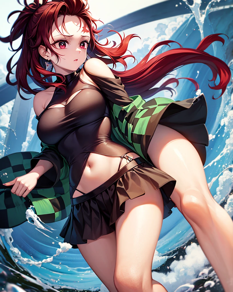 (masterpiece), best quality, expressive eyes, perfect face, highres, (female1.5), 1 girl, solo,(Tanjiro), (OriginalOutfit), (Scar,Scar on forehead, Checkered Clothes, 1Girl, Red Hair), (long red hair),(black and green plaid coat),(black pants), forest background, standing, upper body portrait, looking at the viewer, fully covered cloths