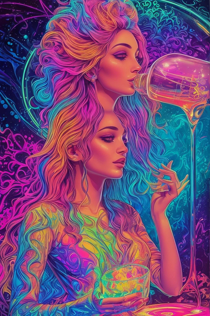 A beautiful woman drinking from a glowing, magical chalice with a fascinated expression, starting to hallucinate with colorful, surreal visions around her, 70s psychedelic, neon synthwave