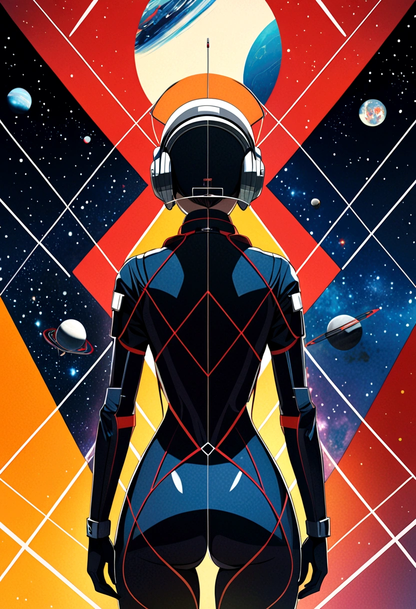 best quality, masterpiece, high resolution, 1 Archer Girl, (Rear view),Space Thriller Poster, Bauhaus, shape, Wire, Abstract,