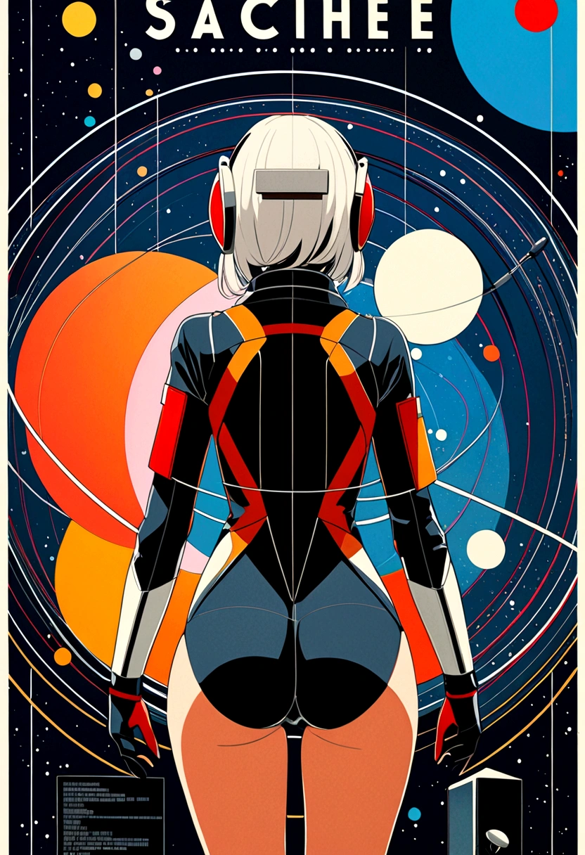 best quality, masterpiece, high resolution, 1 Archer Girl, (Rear view),Space Thriller Poster, Bauhaus, shape, Wire, Abstract,