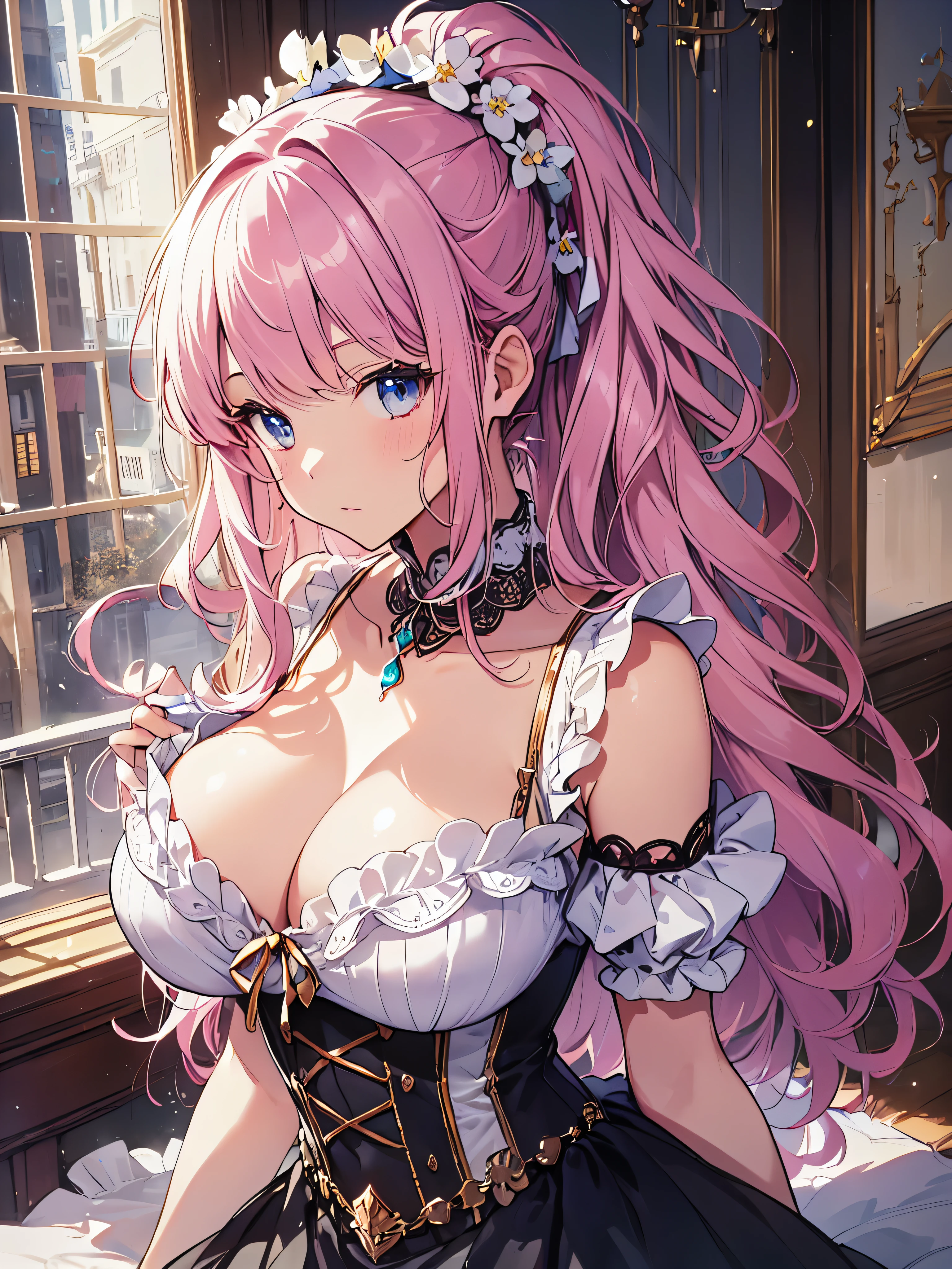 (((Ultra gorgeous beautiful dress is rococo style bawlgawn with))), ((hoopskirt and long hems)), solo lady is cute and very beautiful, (fluffy ponytail pink hair:1.2), Curly Hair, (Expressive hair:1.2), (very voluminous long hair:1.2), (cowboy shot), (dutch angle:1.5), (huge breasts), ((masterpiece)), ((ultra detailed)), ((an extremely delicate and beautiful)),