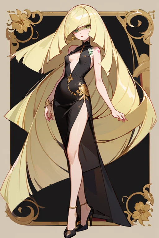 ((Highest quality)), ((masterpiece)), (Familiar), Lusamine,thin,Uterus tattoo,Long blonde hair,Small breasts,Erect nipples,Adult female,Green Eyes,Slanted Eyes,Sleeveless dress,Black Dress,Gold embroidery,Long skirt,High heels,Fascinating