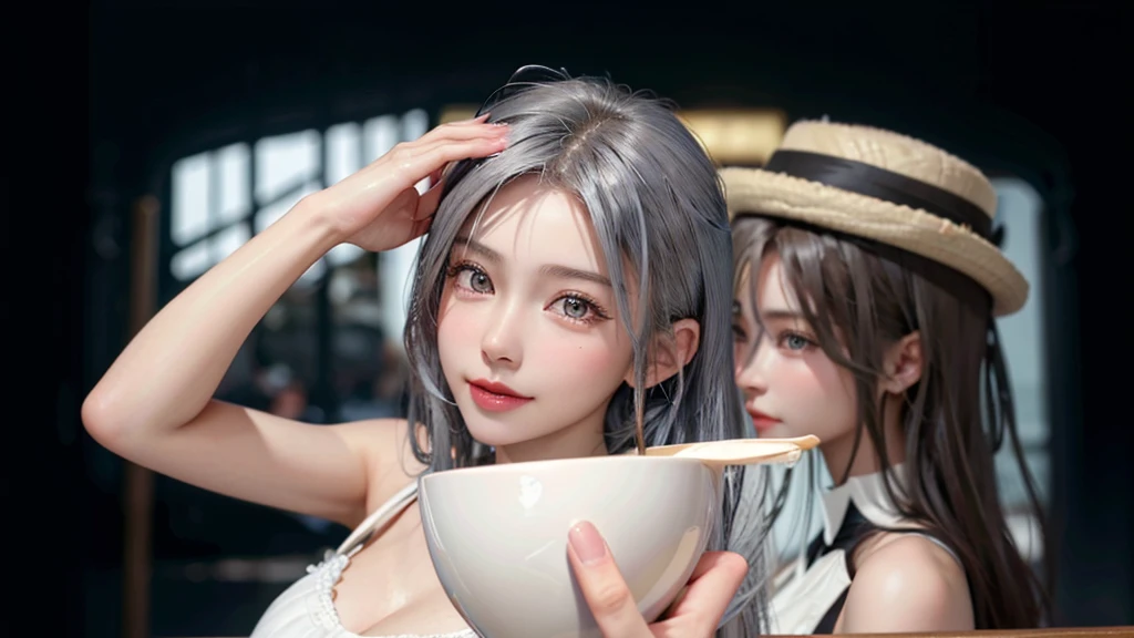 girl, beautiful face, side view, high detailed real eye, beautiful pupil, double eyelid, silver color hair, high detailed real skin, high quality skin, beautiful skin, masterpiece, have a cup of juse
she is having coffee at a cafe.Stylish beach cafe smile