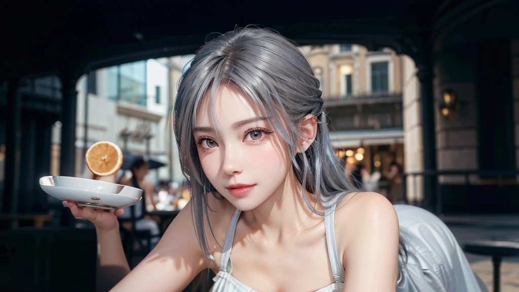 girl, beautiful face, side view, high detailed real eye, beautiful pupil, double eyelid, silver color hair, high detailed real skin, high quality skin, beautiful skin, masterpiece, have a cup of juse
she is having coffee at a cafe.Stylish beach cafe smile