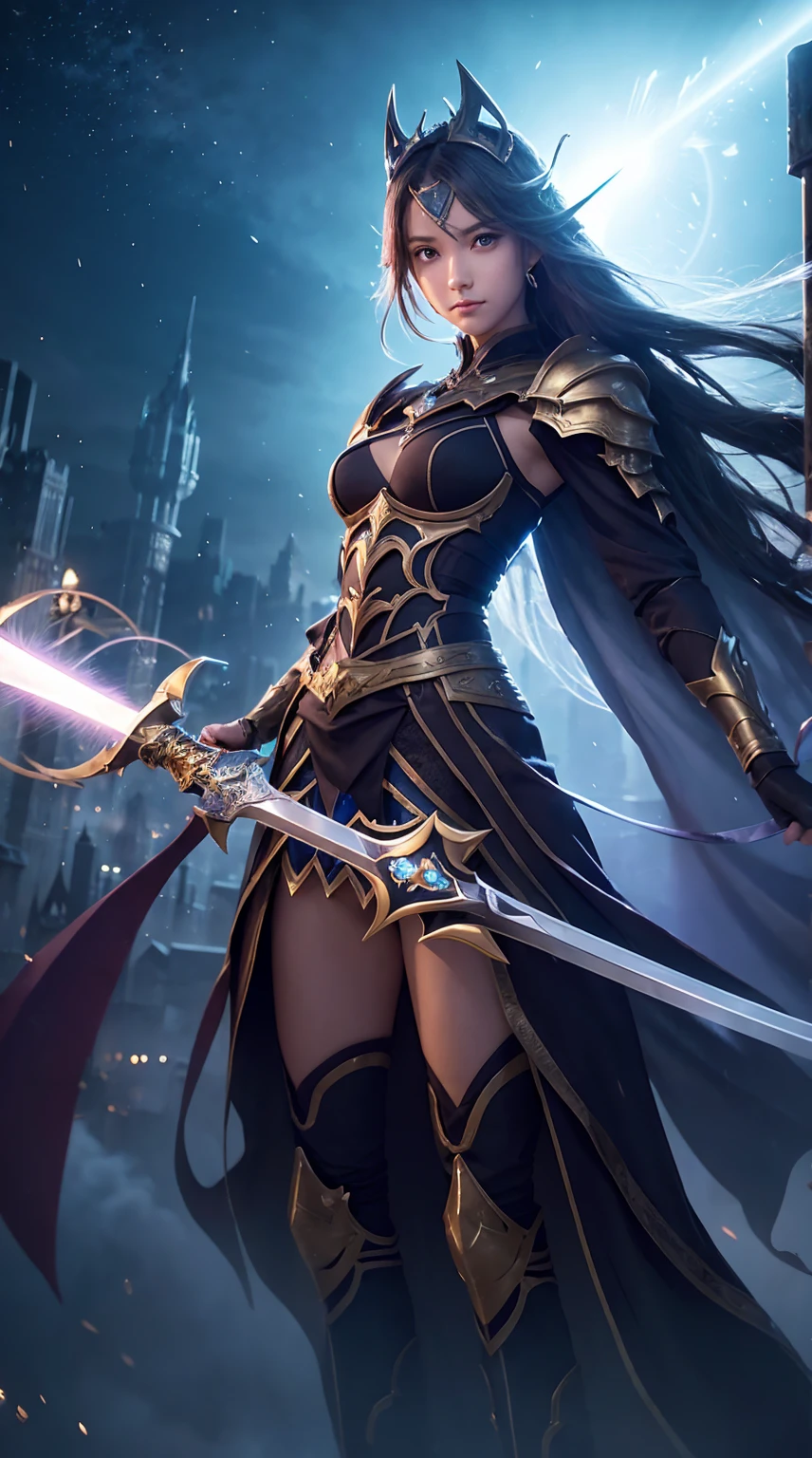 "Wield a sword imbued with radiant light、Awe-inspiring Paladin, Unleash powerful light magic. The stage is a dark and mysterious cityscape, Illuminated by the glow of the Paladin's sword. The composition is well crafted, Breathtaking attention to detail and cinematic lighting. The overall aesthetic is reminiscent of Fujifilm photos., Capture the beauty and depth of the scene."