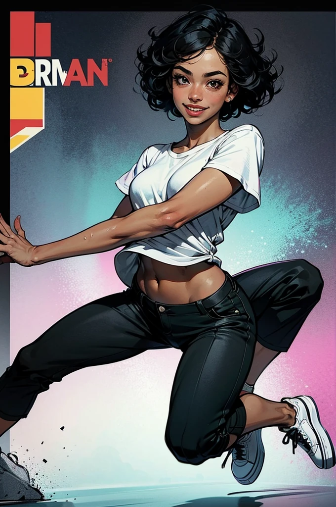 Poster, pop art style, simple colors, dancing, jumping art, break dancing, intense movement. vitality Wet dance stage, solo, hair fluttering, cute 16 year old girl, smiling brightly, mouth half open (black hair, short wavy hair), (cropped cargo pants, white t-shirt, platform sneakers), (detailed fingers Delicate, fine body, fine arms, human hands, (beautiful detailed face), dynamic posture, whistle