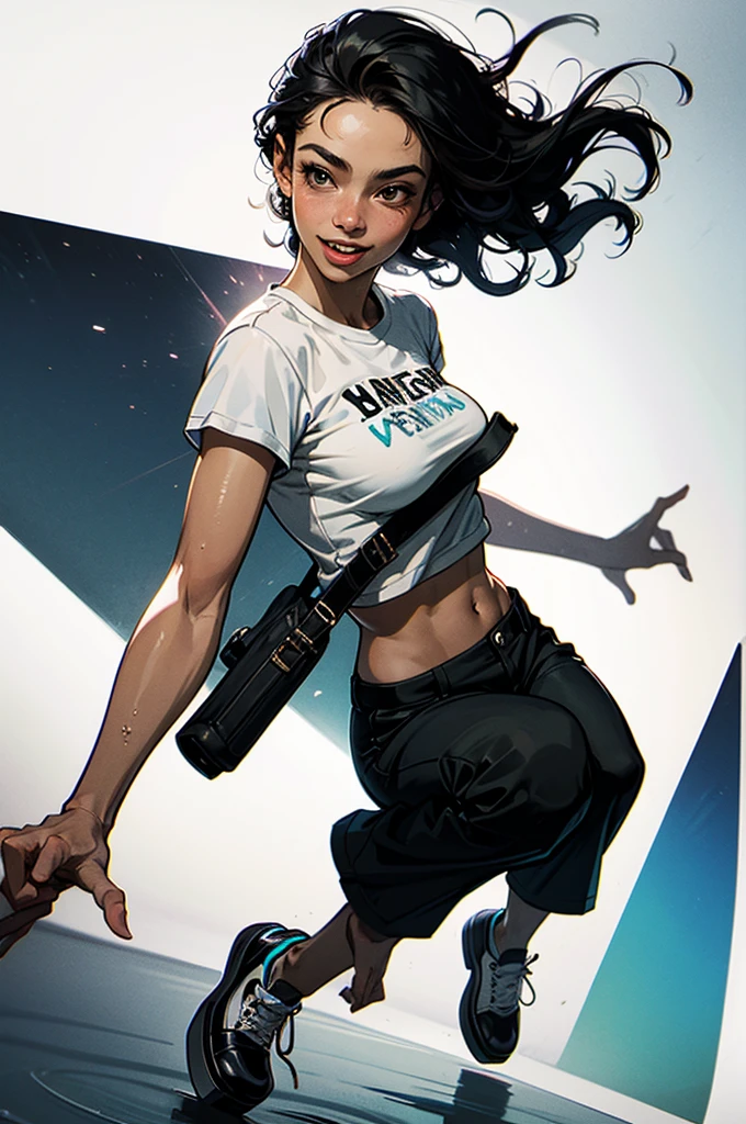 Poster, pop art style, simple colors, dancing, jumping art, break dancing, intense movement. vitality Wet dance stage, solo, hair fluttering, cute  girl, smiling brightly, mouth half open (black hair, short wavy hair), (cropped cargo pants, white t-shirt, platform sneakers), (detailed fingers Delicate, fine body, fine arms, human hands, (beautiful detailed face), dynamic posture, whistle