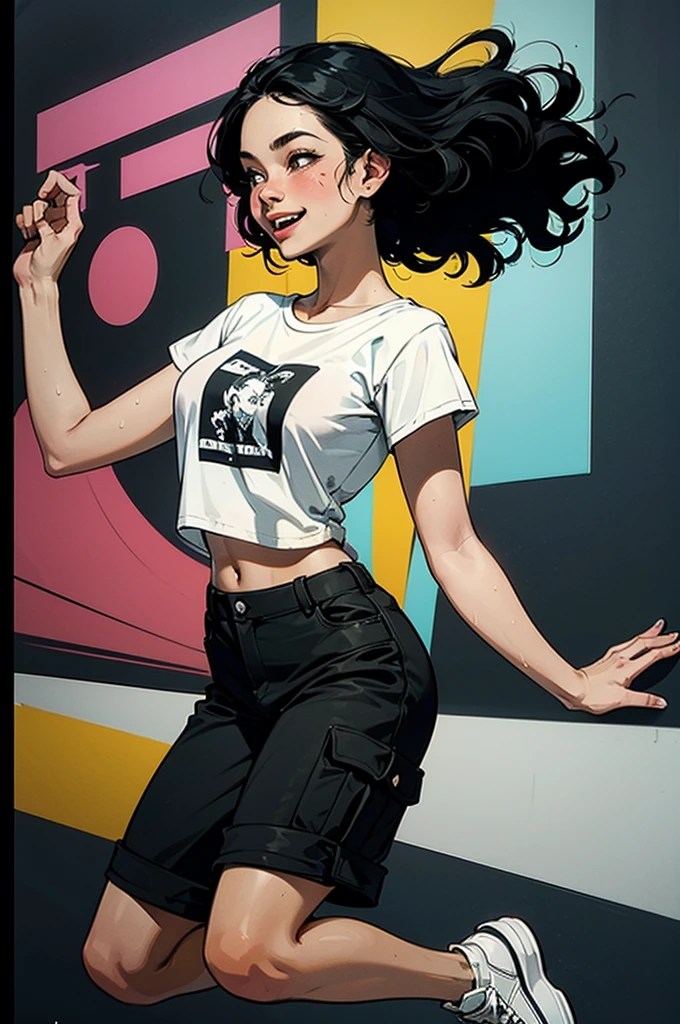 Poster, pop art style, simple colors, dancing, jumping art, break dancing, intense movement. vitality Wet dance stage, solo, hair fluttering, cute 16 year old girl, smiling brightly, mouth half open (black hair, short wavy hair), (cropped cargo pants, white t-shirt, platform sneakers), (detailed fingers Delicate, fine body, fine arms, human hands, (beautiful detailed face), dynamic posture, whistle
