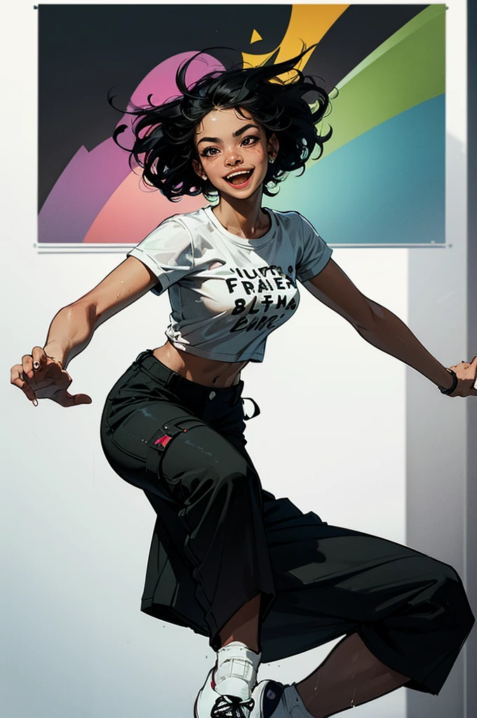 Poster, pop art style, simple colors, dancing, jumping art, break dancing, intense movement. vitality Wet dance stage, solo, hair fluttering, cute 16 year old girl, smiling brightly, mouth half open (black hair, short wavy hair), (cropped cargo pants, white t-shirt, platform sneakers), (detailed fingers Delicate, fine body, fine arms, human hands, (beautiful detailed face), dynamic posture, whistle