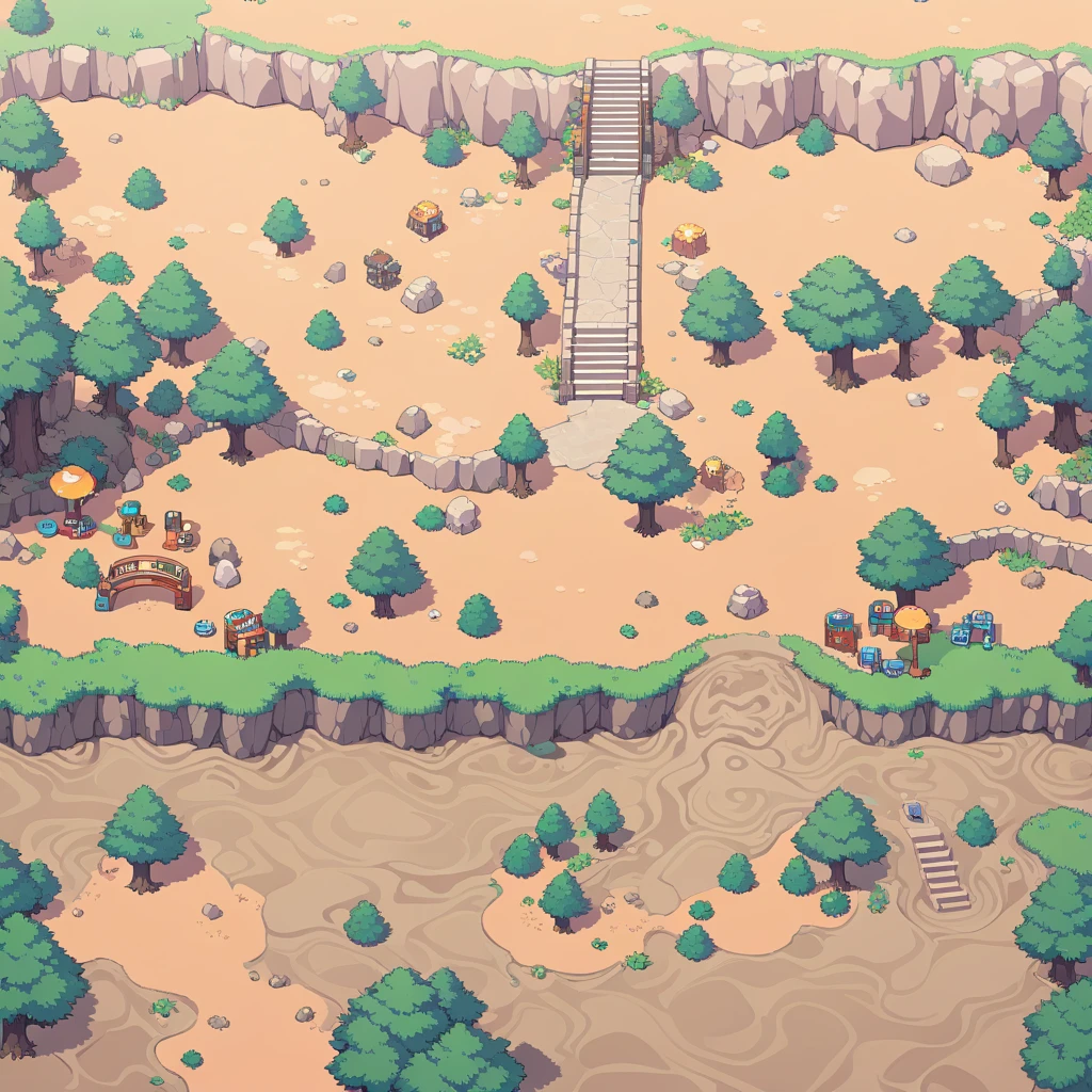 retro video game style,pixelated, vibrant pastel colors,8-bit characters,blocky shapes,sharp lines,detailed shading,classic gaming vibe,nostalgic atmosphere,classic arcade games,masterpiece:1.2,ultra-detailed,illustration style, 2d texture, stone texture, 4 k seamless mud texture, video game texture, dirt texture, tileset, game tiles, grass, trees, rock texture, detailed trees, topdown view, game texture, game art, tileable texture, very detailed cliff texture, intricate stones, top down view, 3/4th perspective